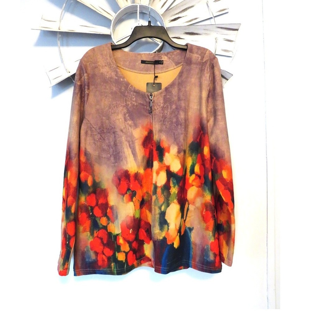 NWT Radzoli Women's XL Floral Art Print Hidden Zip Stretch Top 95/5 Poly Spandex